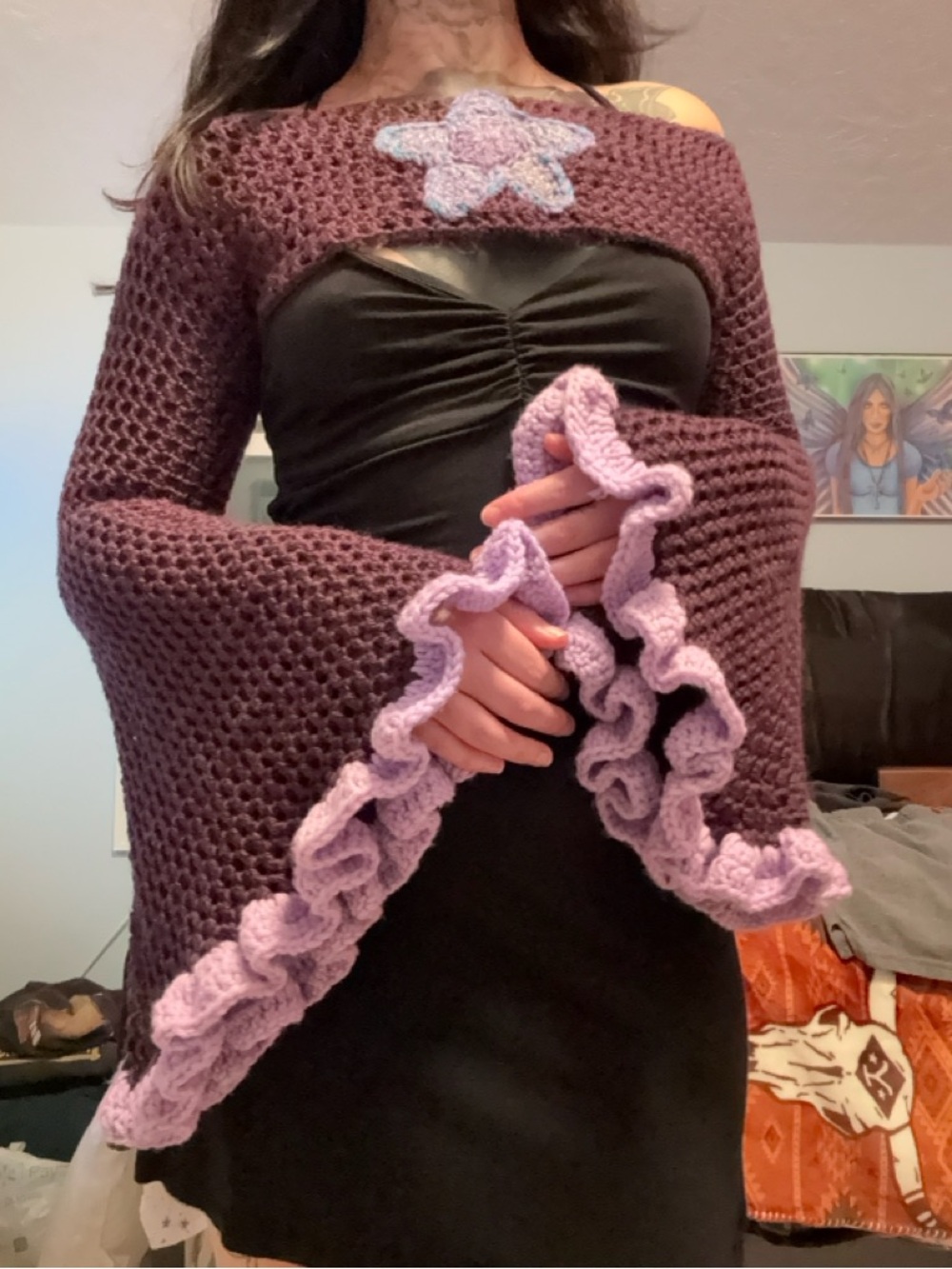 Handmade Purple Crochet Bolero Shrug with Lilac Trim